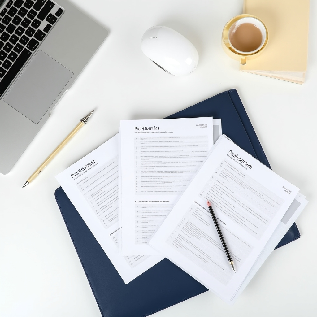 A neatly arranged set of course materials including printed checklists, a folder, and a laptop on a clean modern desk