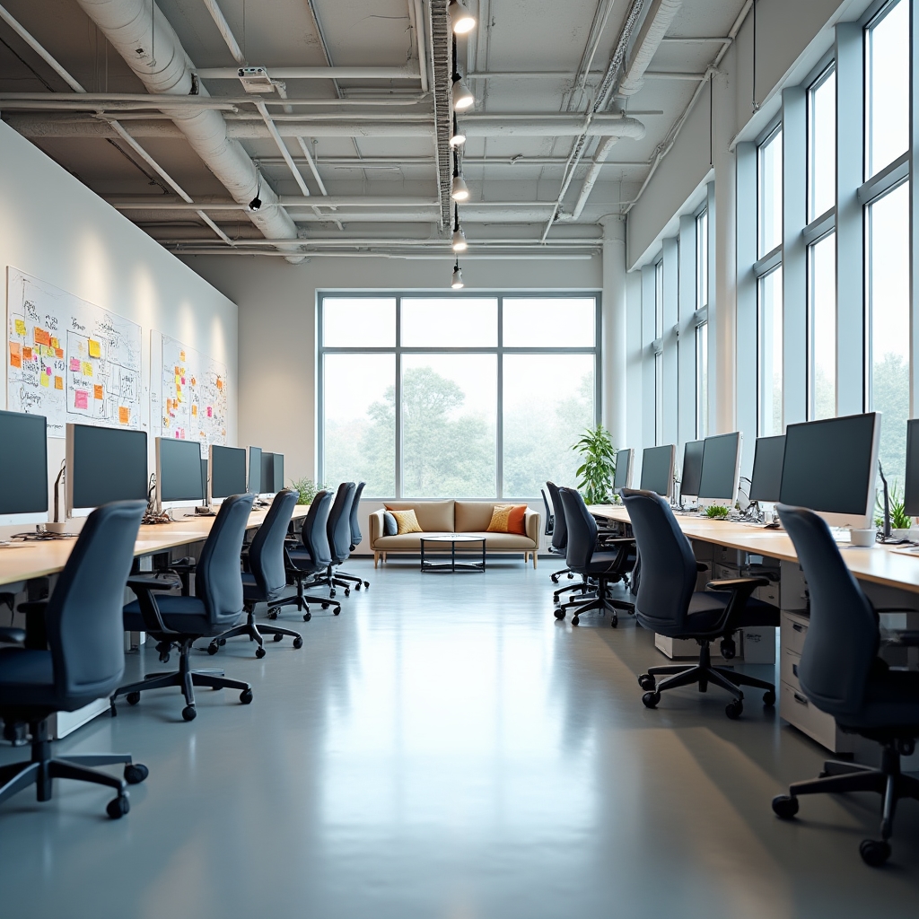 Bright open-plan office workspace with collaborative desks, whiteboards covered in course planning notes, and large windows