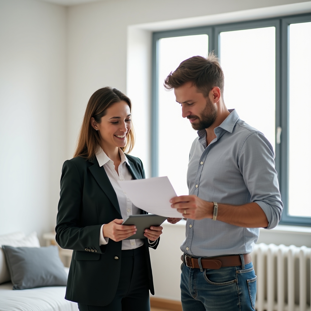 Two people conducting a move-in inspection in a bright apartment, one holding a tablet and the other taking notes on paper