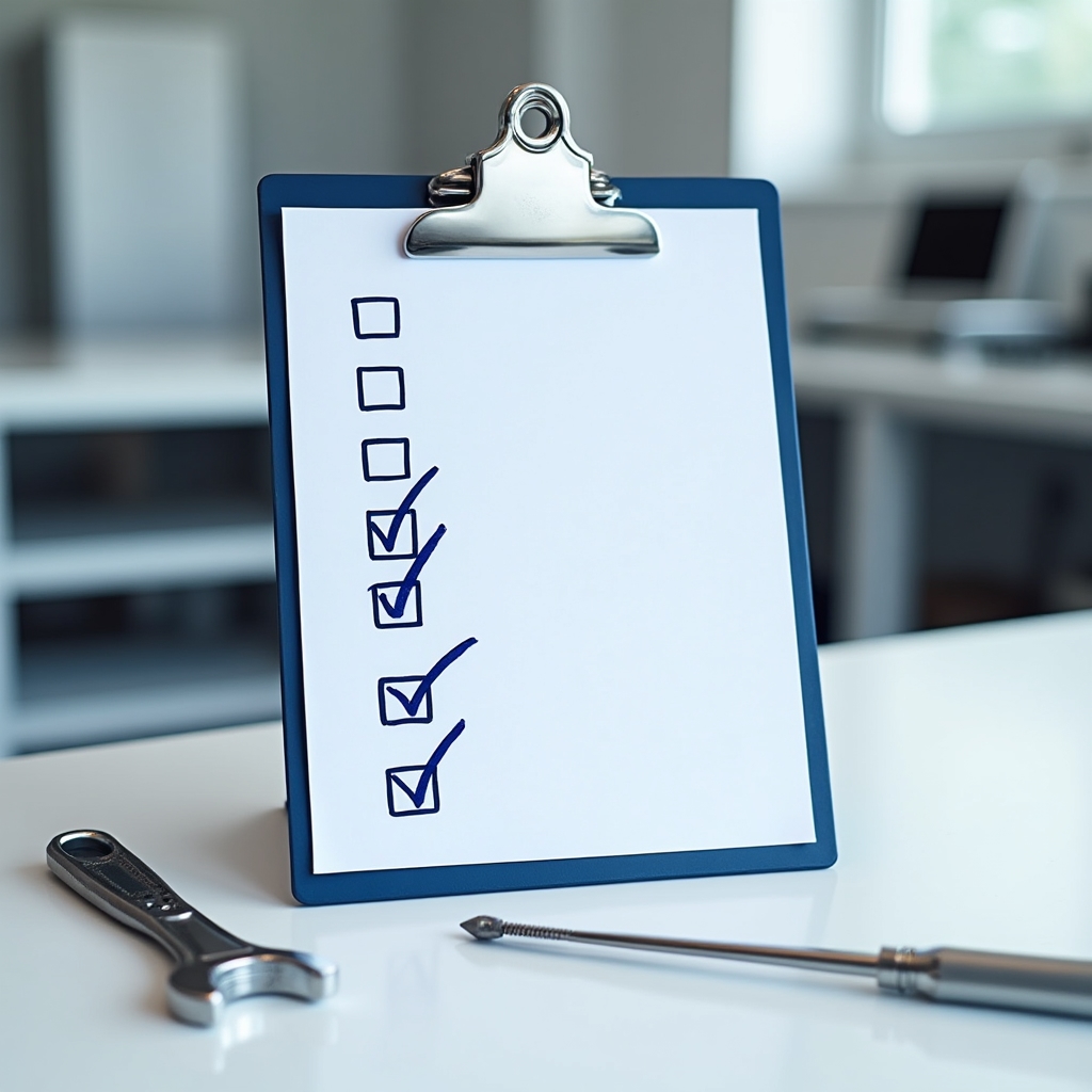 Close-up of a maintenance checklist on a clipboard next to a set of tools on a workbench