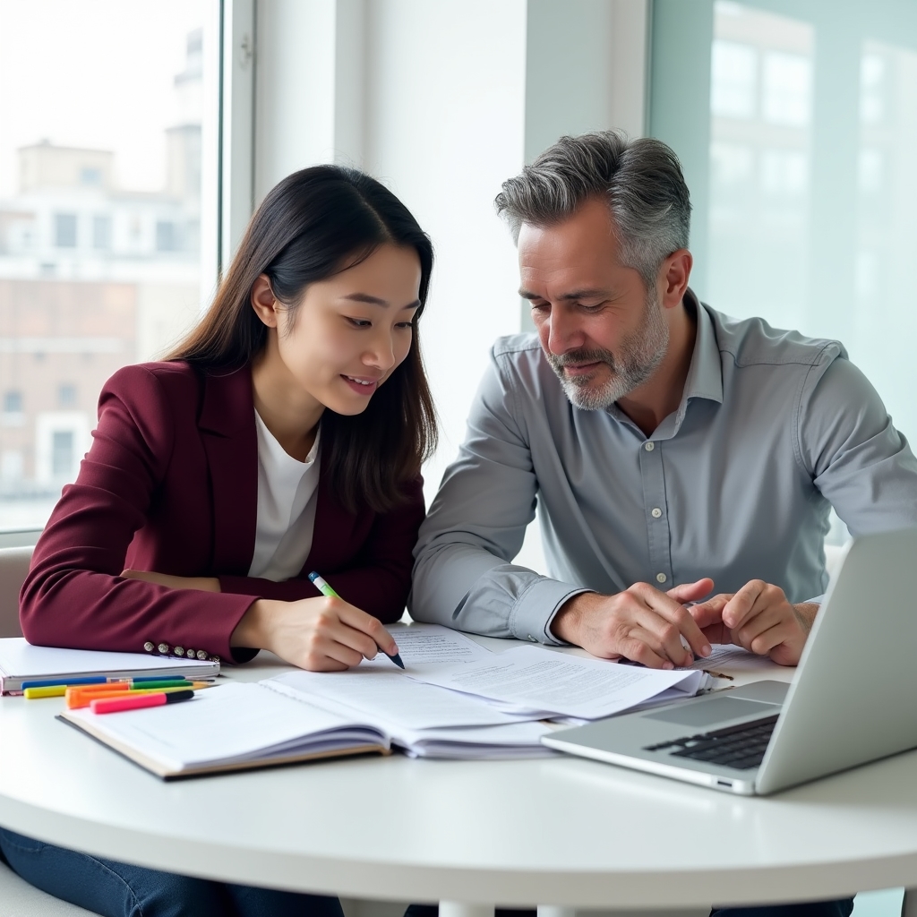 Two people seated at a round table reviewing printed course content together, with notebooks, highlighters, and a laptop open between them